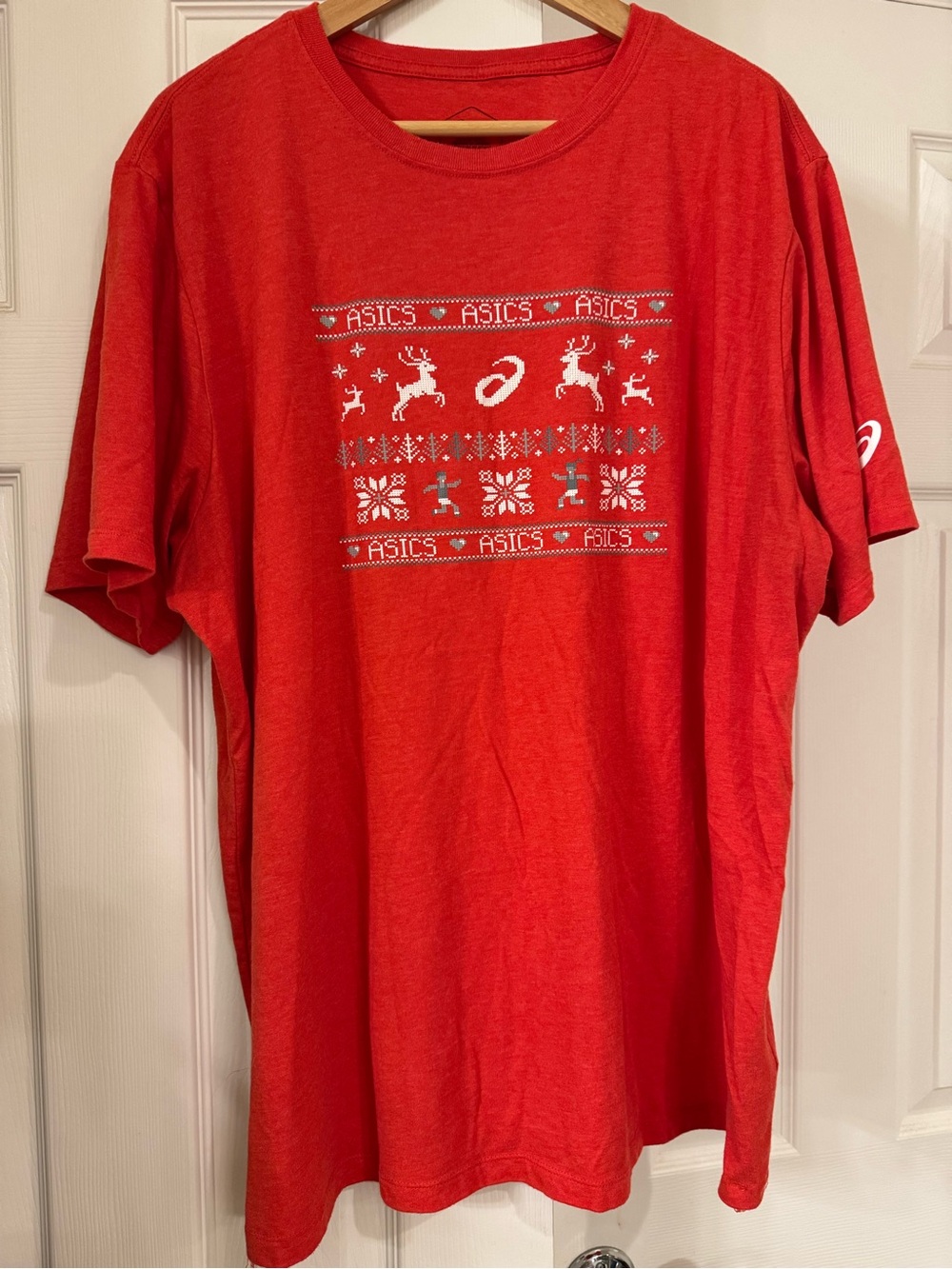 Unisex ASICS Red Holiday Short Sleeve Tee. Ugly Christmas Sweater Graphic Sz 2XL